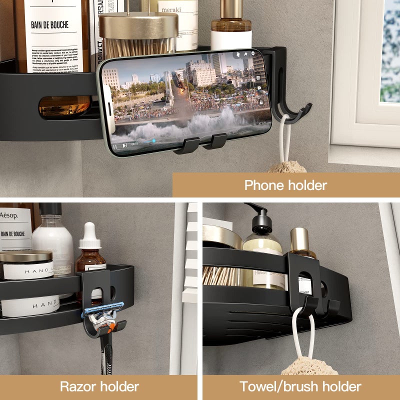 VOLPONE Corner Shower Caddy with Razor Holder Adhesive Shower Shelf Corner No Drilling (adhesive mounting, no suction cup) Bathroom Shower Organizer Storage Rack (2-Pack, Black) - Image 3